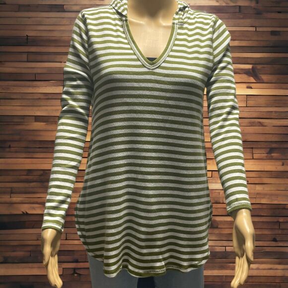 Olivia Sky Green striped hooded v neck pullover Woman's Top Sz/S - Picture 1 of 9